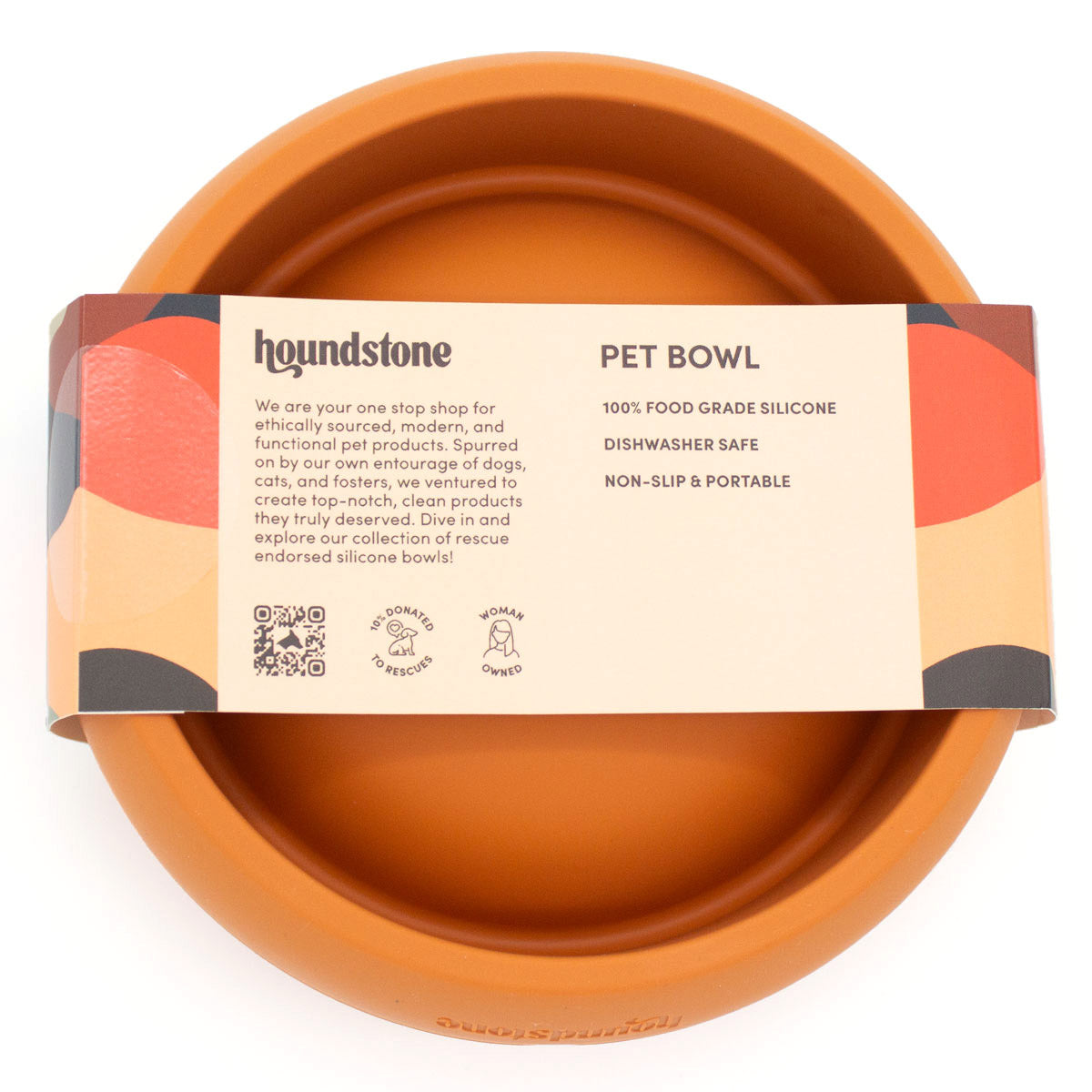 bottom view with packaging of houndstone coquito silicone dog food bowl in marigold 