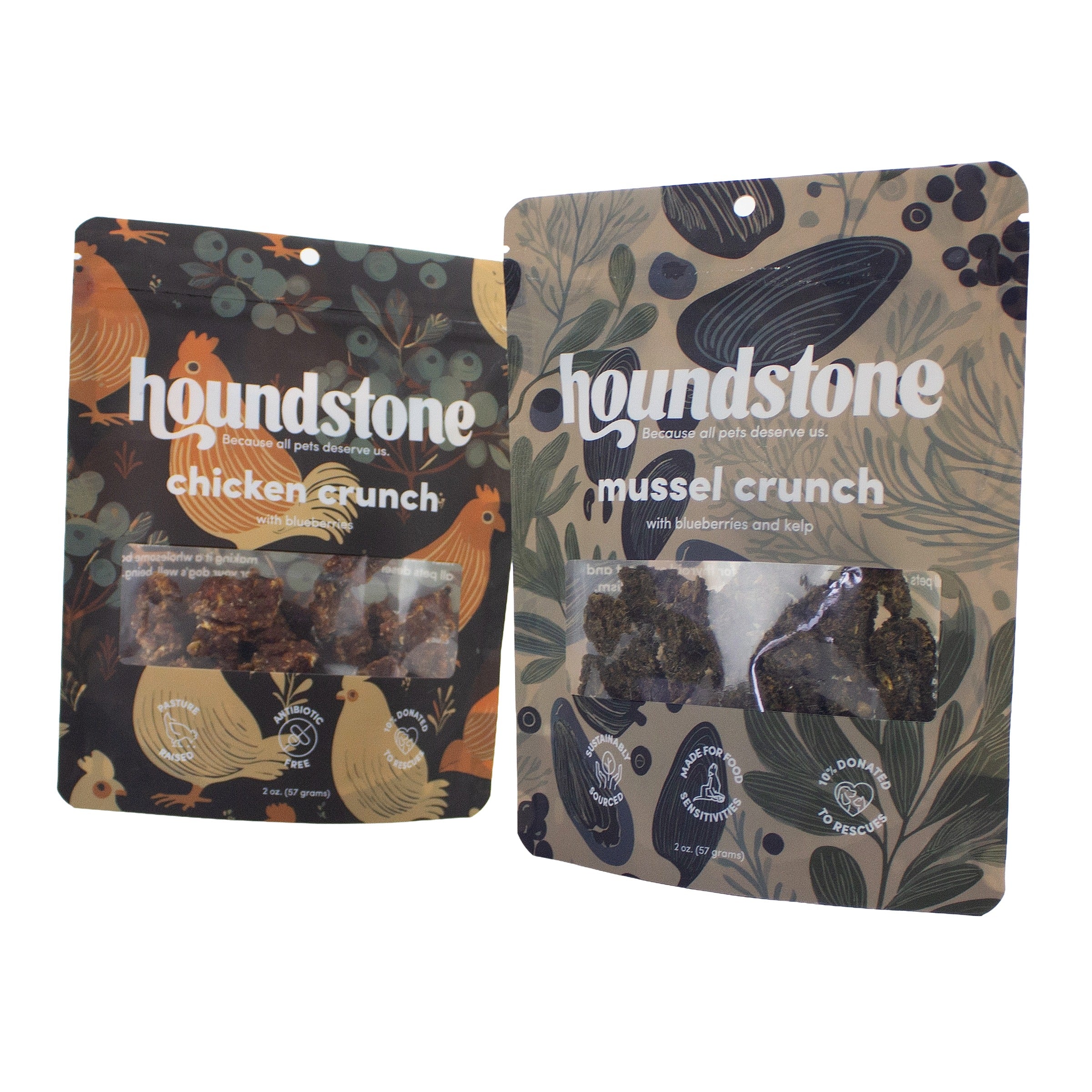 Two Houndstone dehydrated dog treats pouches on a white background: chicken crunch on the left in a dark patterned design, and mussel crunch dehydrated dog treats on the right 