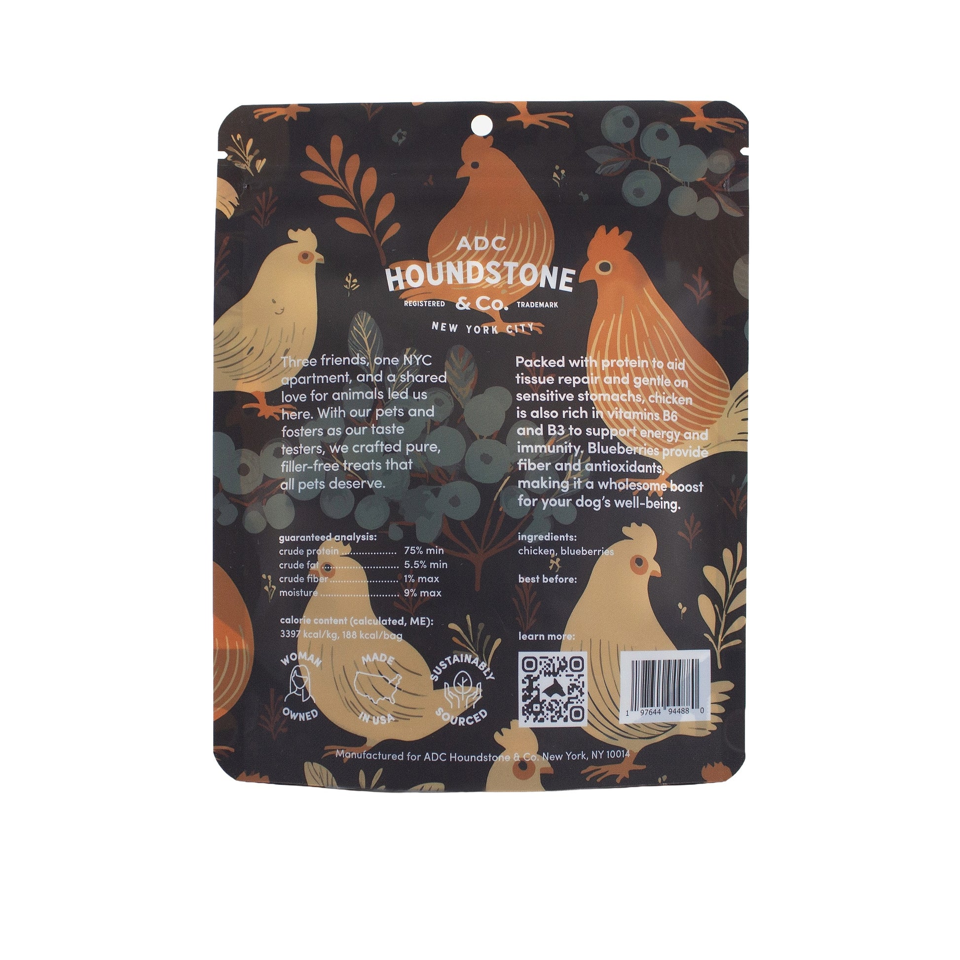 Back of a pouch of Houndstone dehydrated dog treats