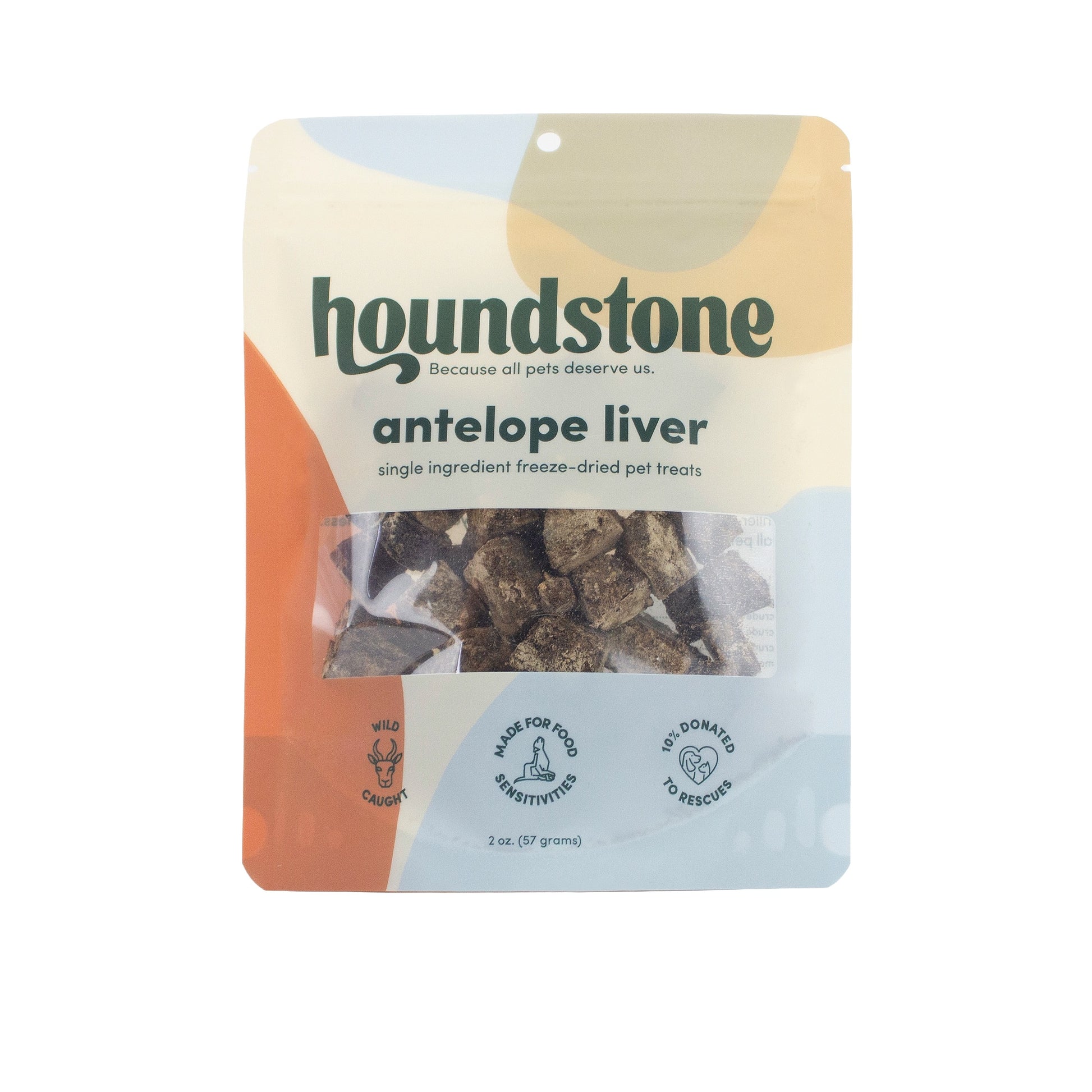 A 2 oz bag of Houndstone Antelope Liver single ingredient  freeze dried dog treats. The packaging features a clear window showing the  brown  freeze dried dog treats inside.