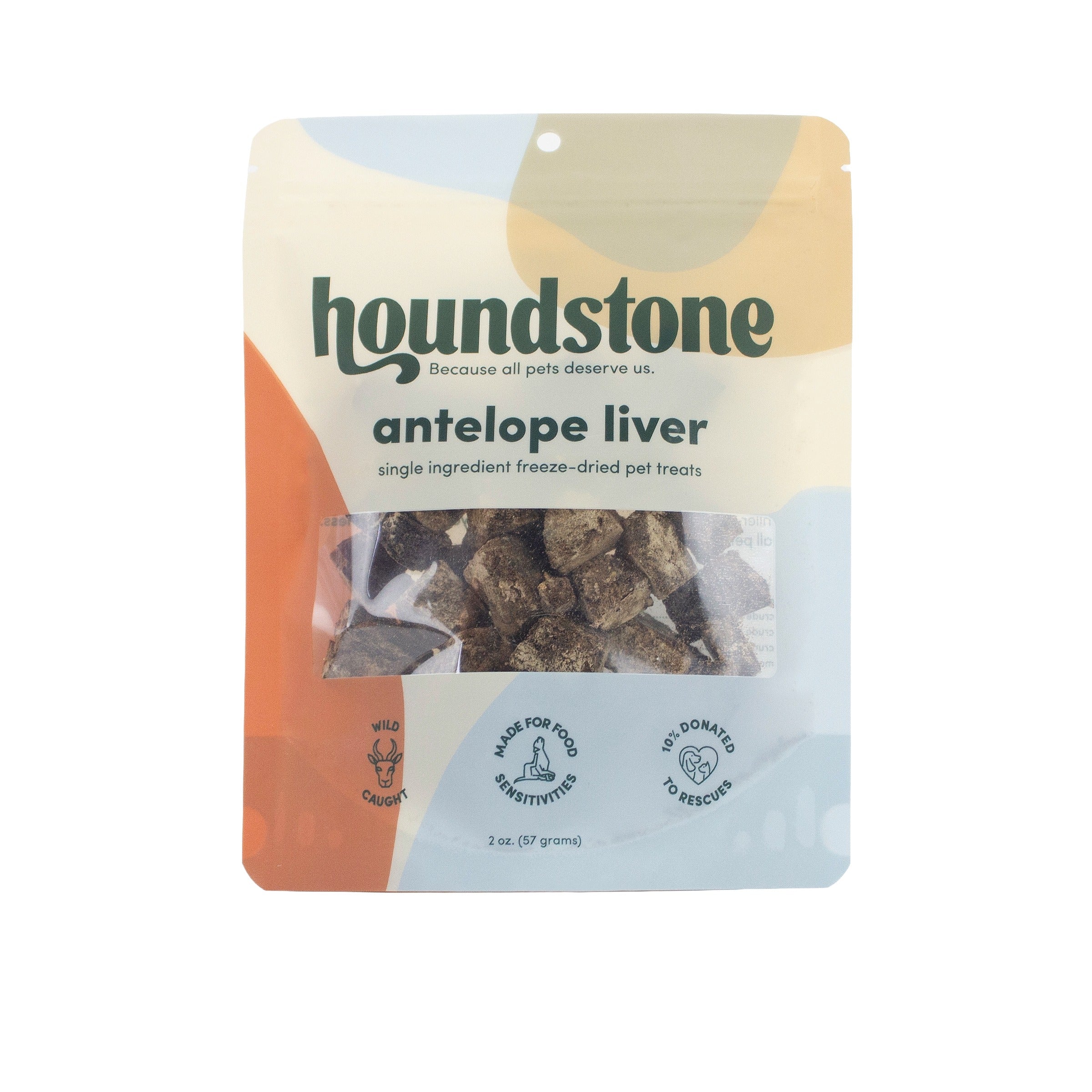 A 2 oz bag of Houndstone Antelope Liver single ingredient  freeze dried dog treats. The packaging features a clear window showing the  brown  freeze dried dog treats inside.