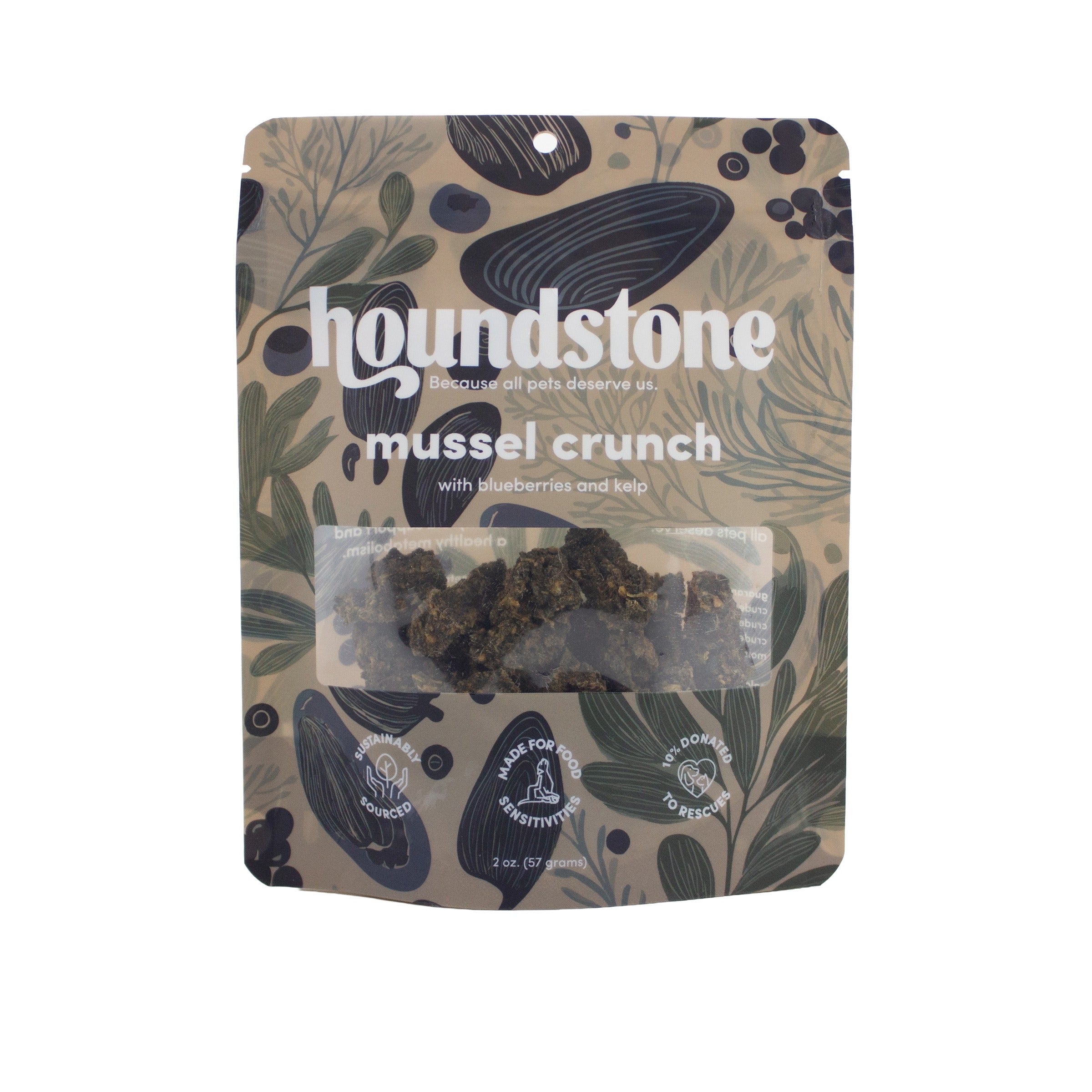 A package of Houndstone Mussel Crunch dehydrated dog treats in a resealable stand-up pouch with a clear window showing the dog treats inside. 