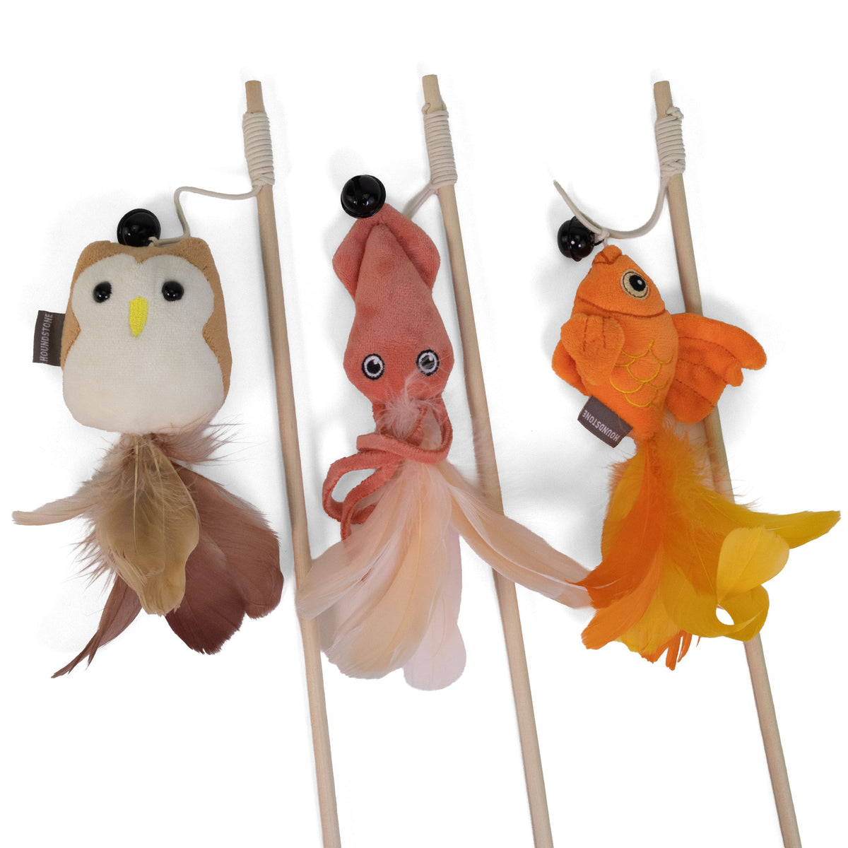 Owl Cat Toy Wand, with Bamboo Handle, Bell & Feathers