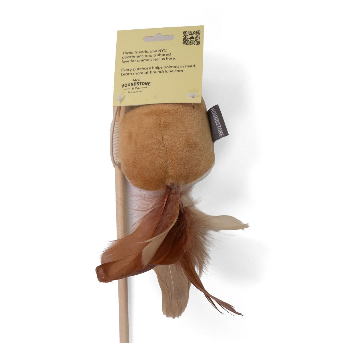Owl Cat Toy Wand, with Bamboo Handle, Bell & Feathers