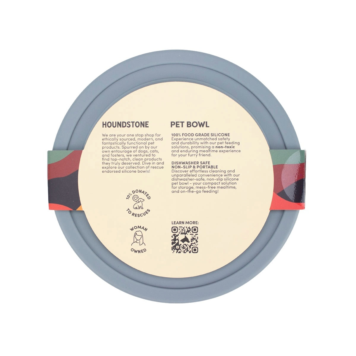 houndstone pony silicone dog bowl in slate grey with bottom view of product information