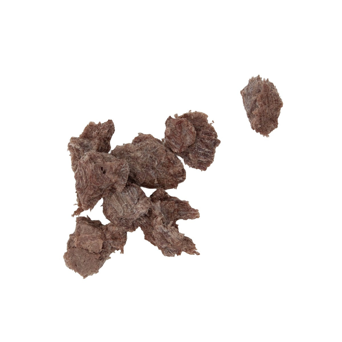 A small pile of dark brown, textured cat treat pieces on a solid white background.
