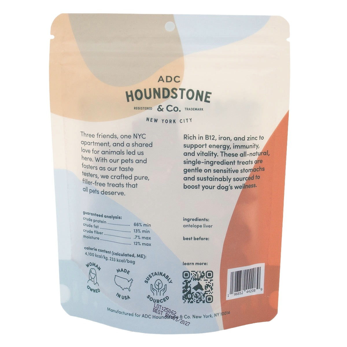 The back of a stand-up pouch of Houndstone  freeze dried dog treats, featuring product information, ingredients, and a barcode on a white background.