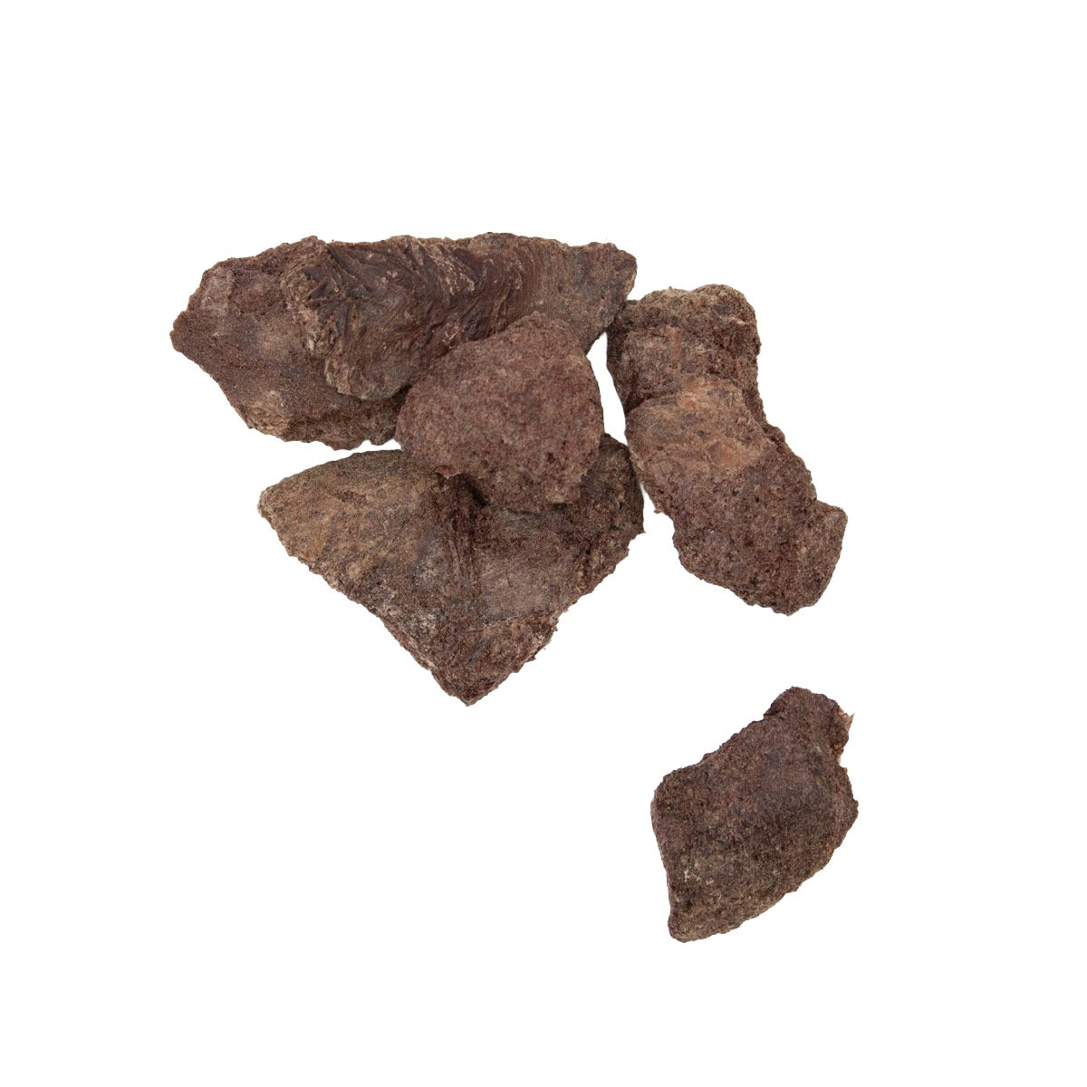 Five rough, dark brown pieces of freeze dried dog treats arranged on a plain white background.