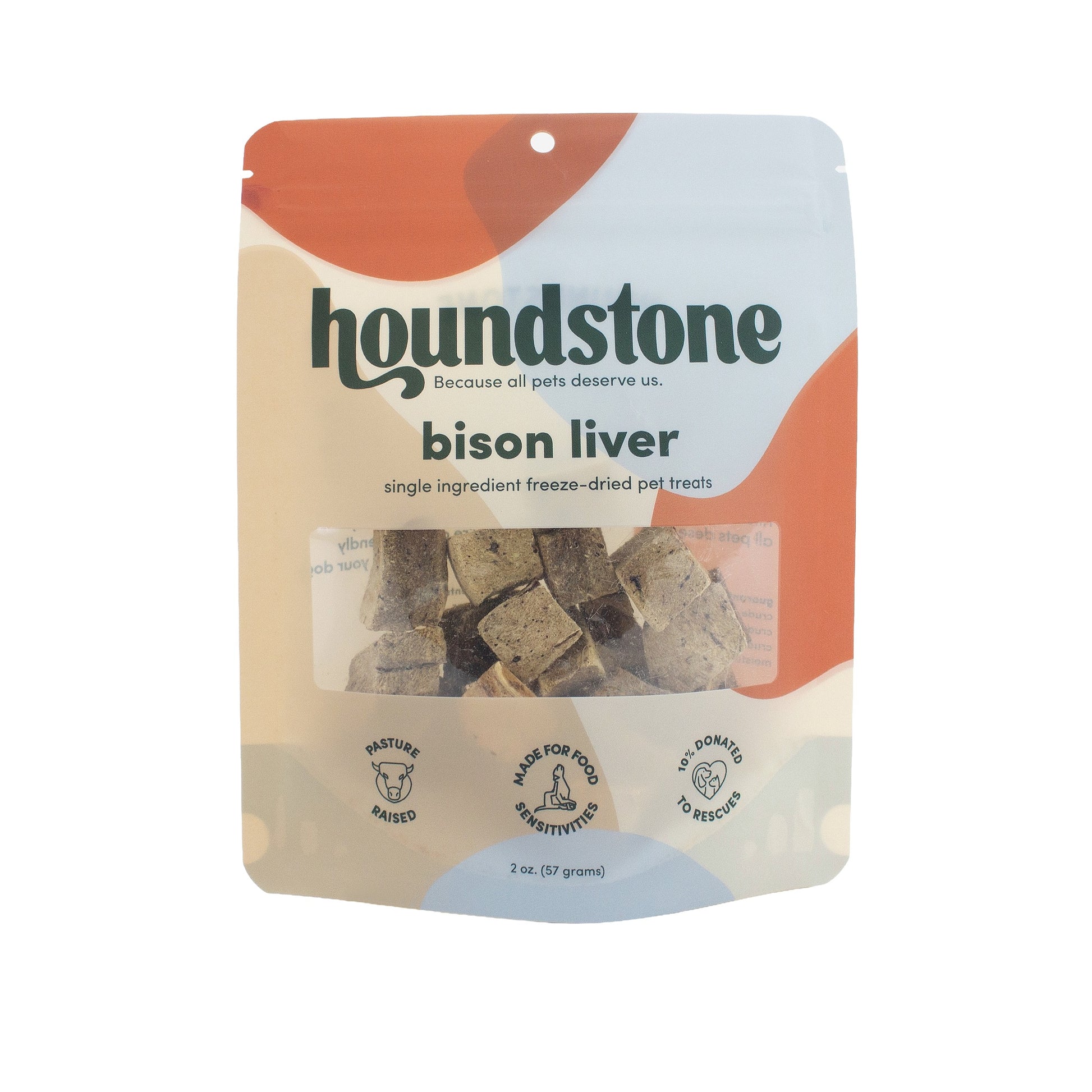A package of Houndstone Bison Liver freeze dried dog treats in a resealable stand-up pouch with a clear window showing the dog treats inside. 