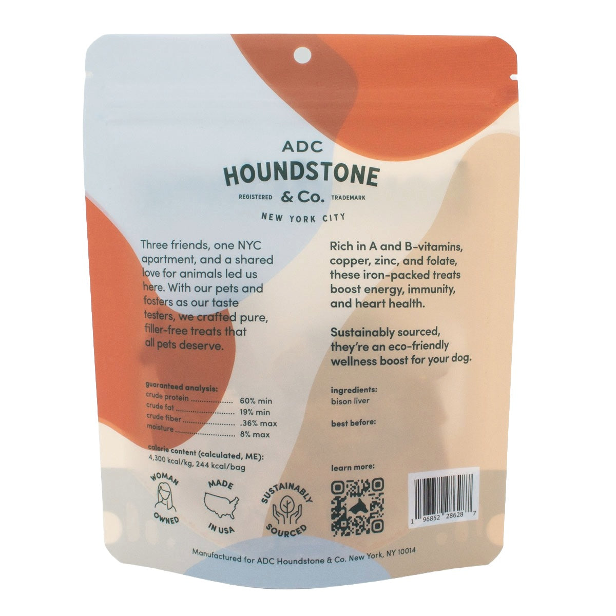 The back of a Houndstone freeze dried dog treats pouch, with product details, ingredients, and a barcode.