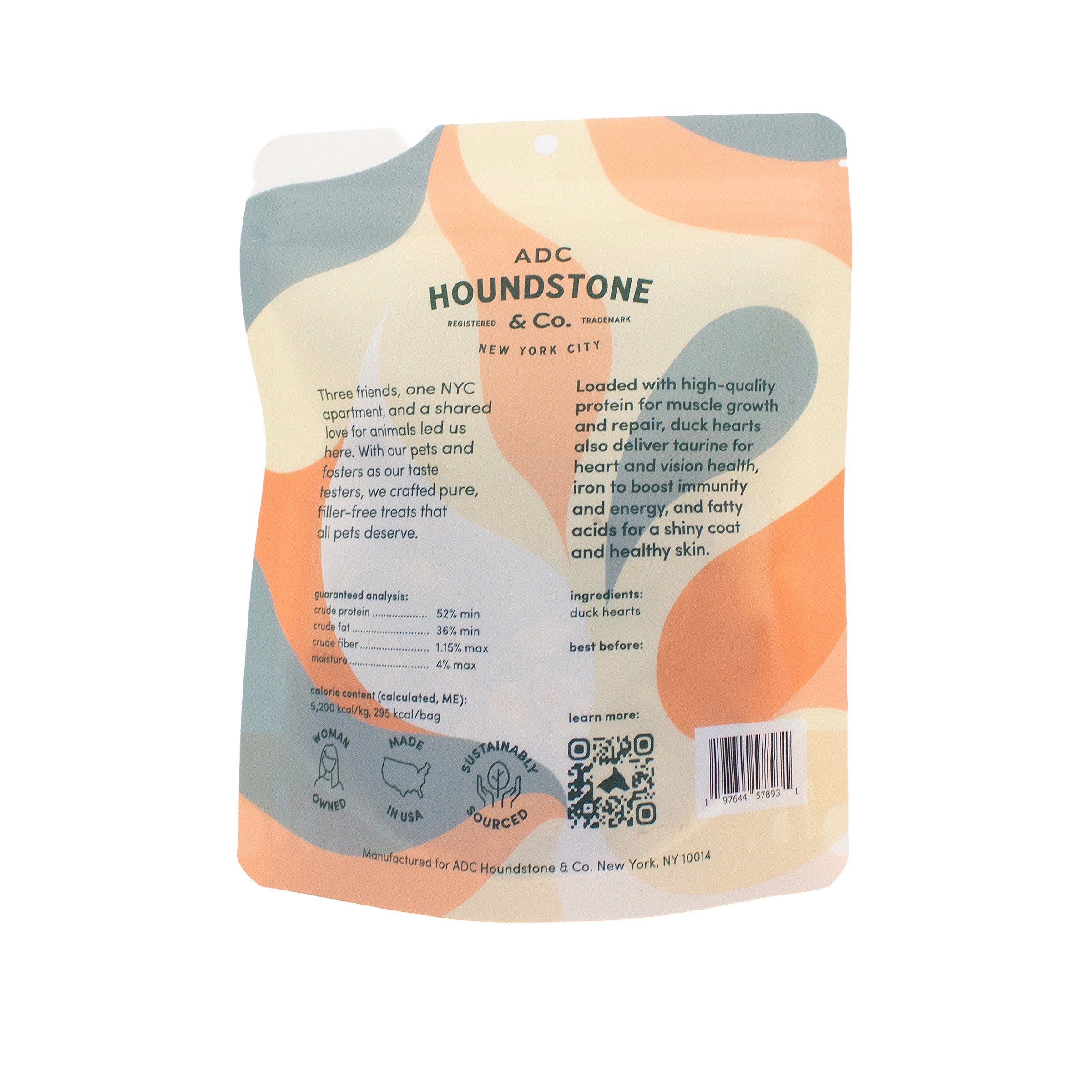 Back view of a Houndstone dog treat pouch , showing the product information, ingredients, and barcode on a clean white background.