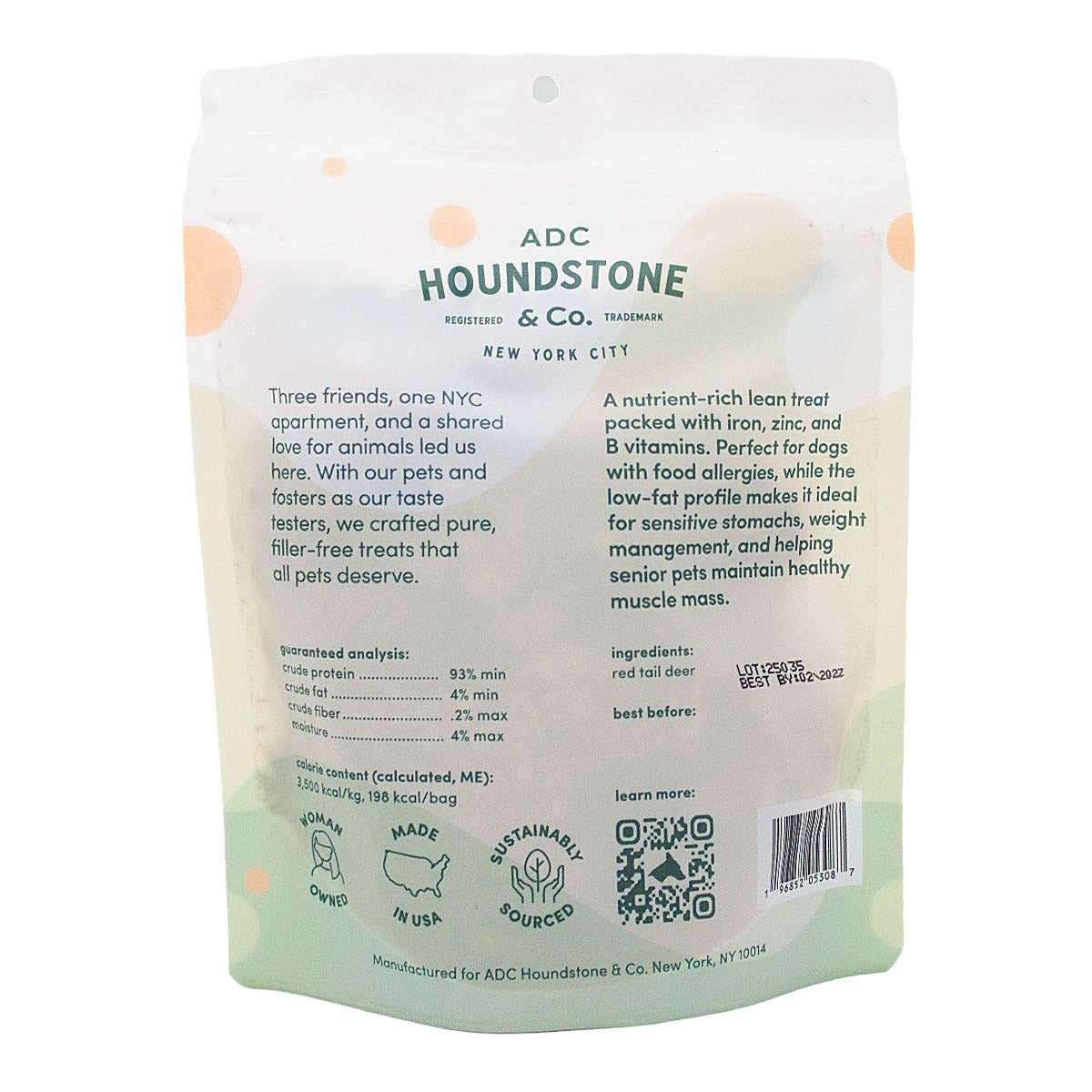 A stand-up pouch of Houndstone freeze dried dog treats on a plain white background.