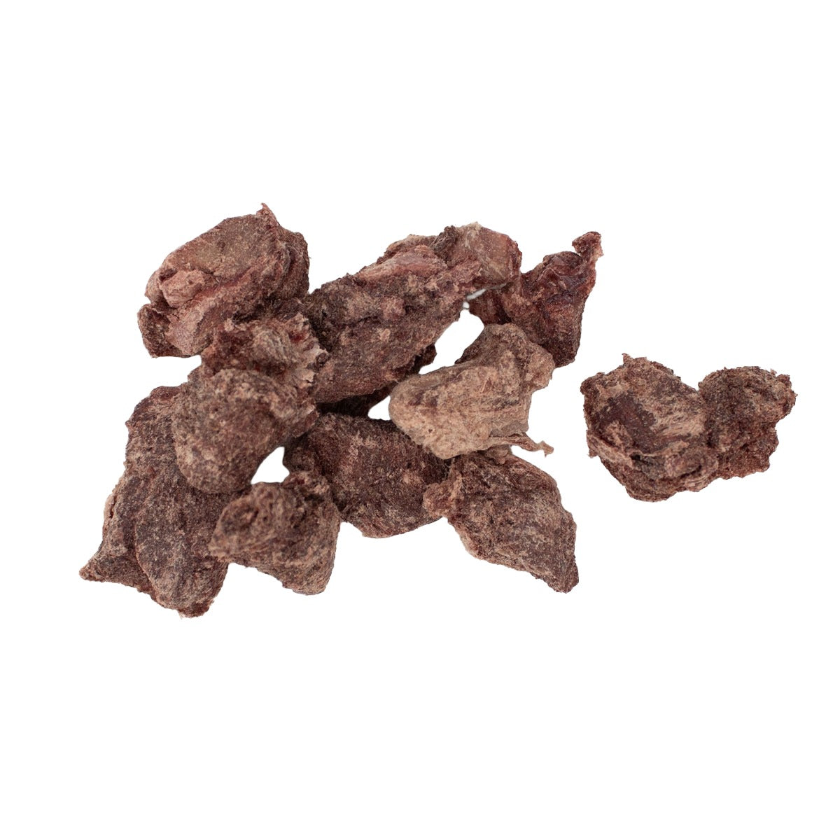 A pile of venison hearts freeze dried dog treats on a plain white background.