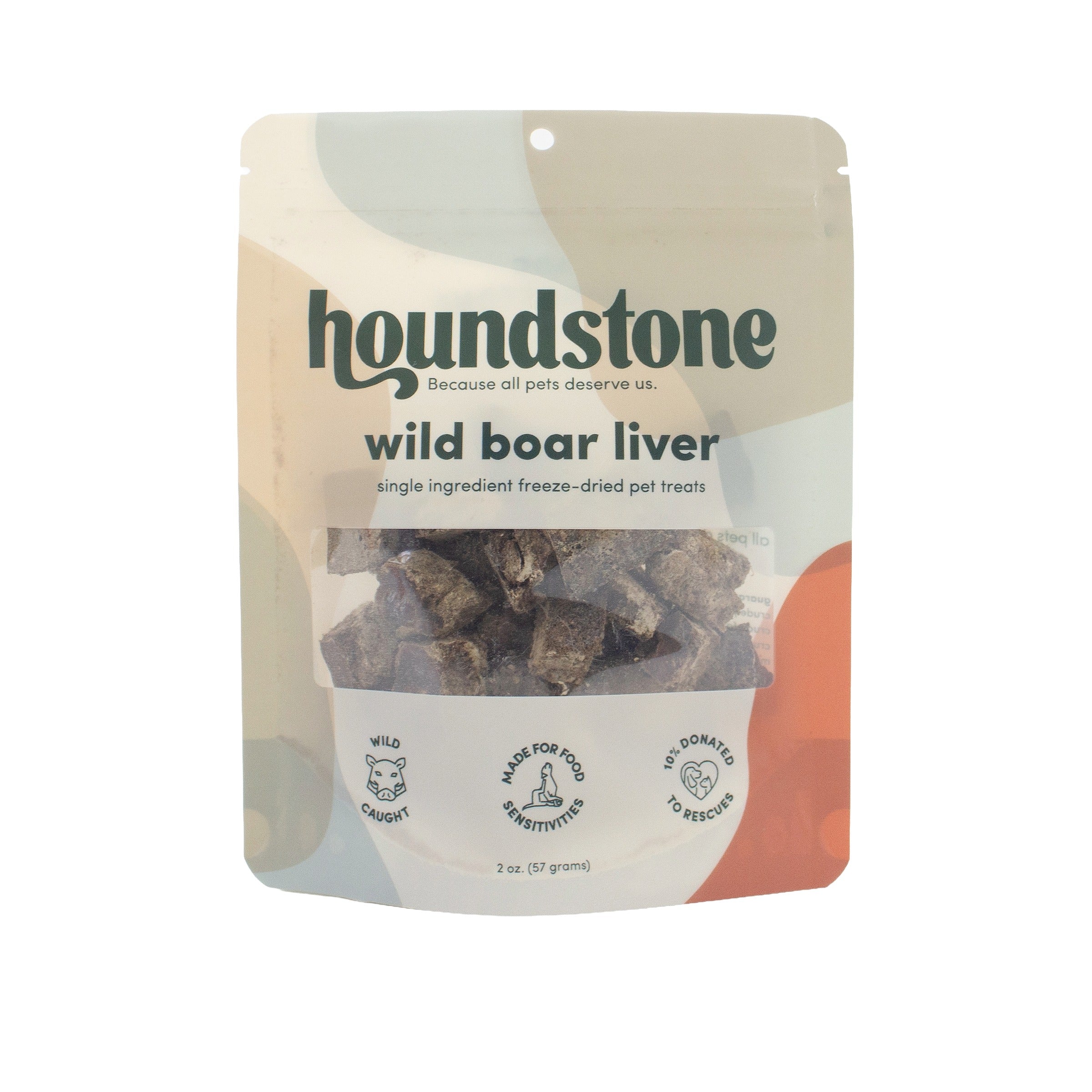 A package of Houndstone Wild Boar Liver single ingredient freeze dried dog treats in a resealable stand-up pouch with a clear window showing the dark brown dog treats inside.