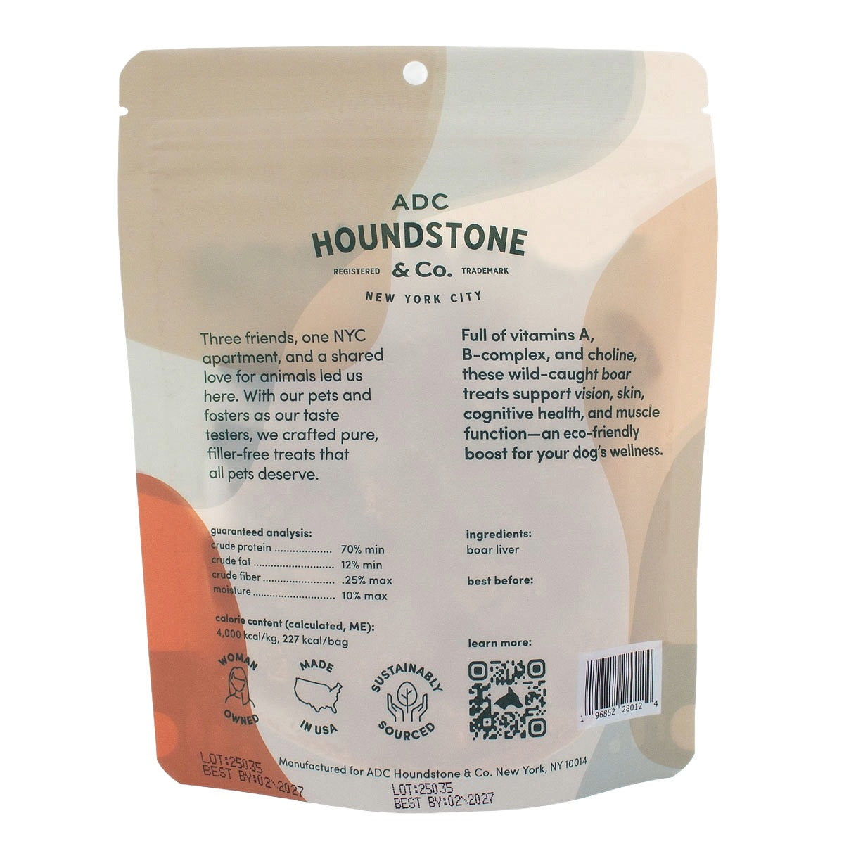 Back of a pouch of Houndstone freeze dried dog treats, showing product details, ingredients, nutritional facts, and a barcode on a white background.