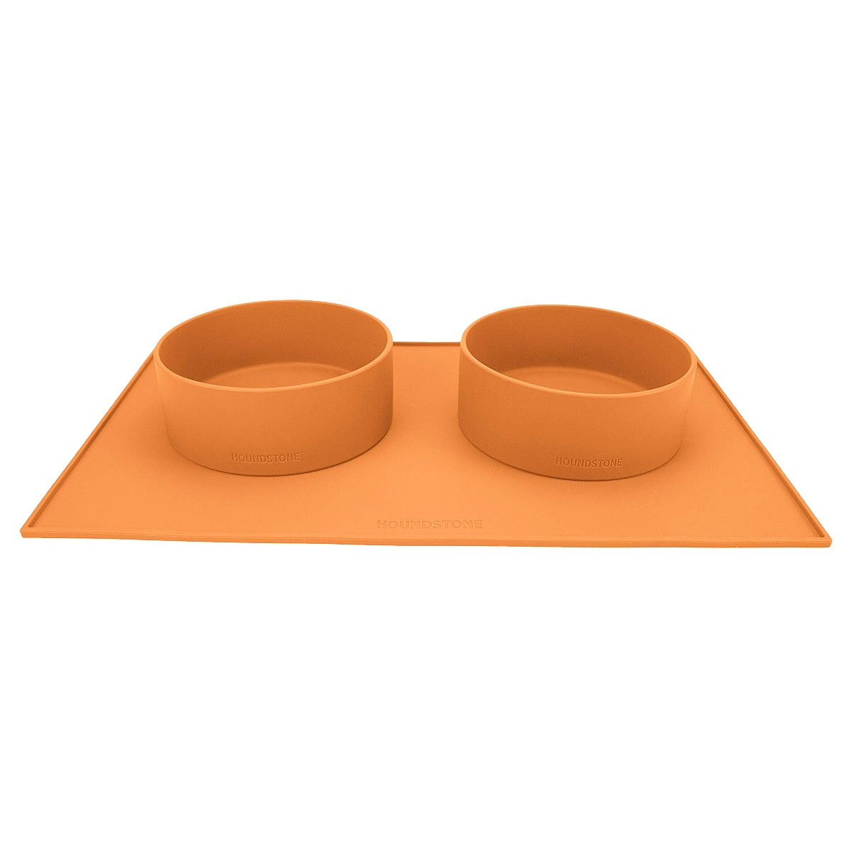 houndstone silicone dog bowl mat in marigold with two pony silicone dog bowls on it
