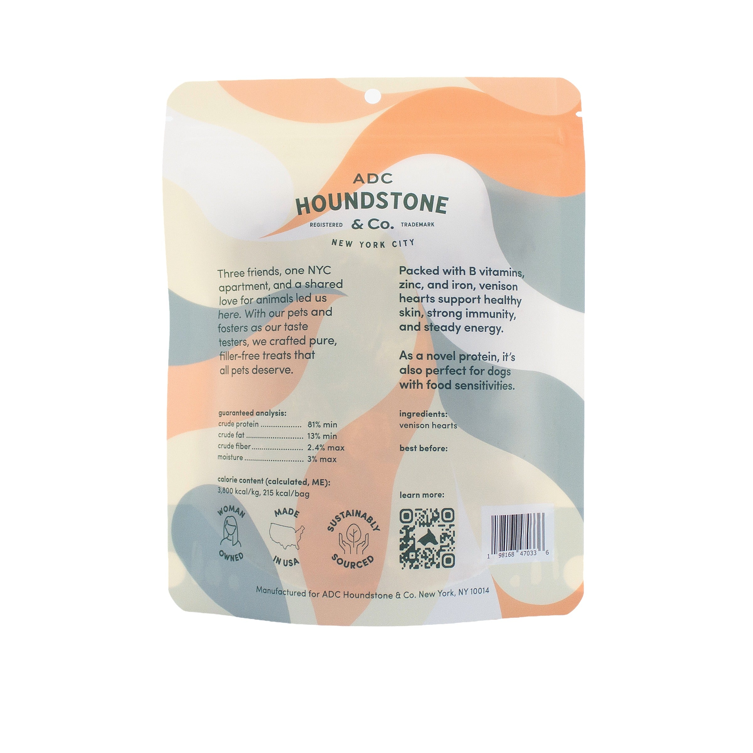A stand-up pouch of Houndstone freeze dried dog treats, showing the back panel with product information, ingredients, and a barcode on a white background.