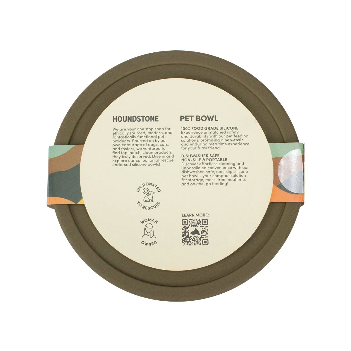 houndstone silicone dog bowl in olive bottom view with packaging