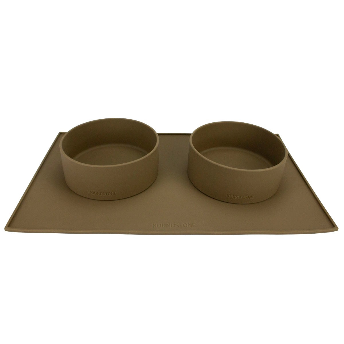 two houndstone silicone dog food bowls in olive on a dog food mat